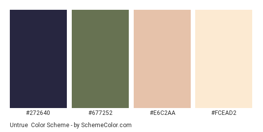 Untrue - Color scheme palette thumbnail - #272640 #677252 #E6C2AA #FCEAD2 