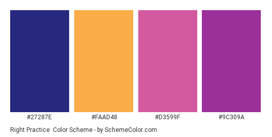 Right Practice - Color scheme palette thumbnail - #27287E #FAAD48 #D3599F #9C309A 