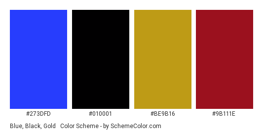 Blue, Black, Gold & Red - Color scheme palette thumbnail - #273dfd #010001 #be9b16 #9b111e 