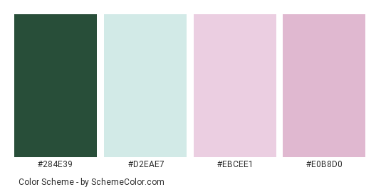 Green and Pink Leaves - Color scheme palette thumbnail - #284e39 #d2eae7 #ebcee1 #e0b8d0 