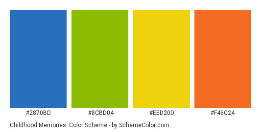 Childhood Memories - Color scheme palette thumbnail - #2870BD #8CBD04 #EED20D #F46C24 