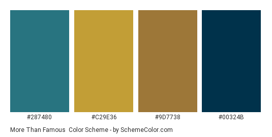 More than Famous - Color scheme palette thumbnail - #287480 #C29E36 #9D7738 #00324B 