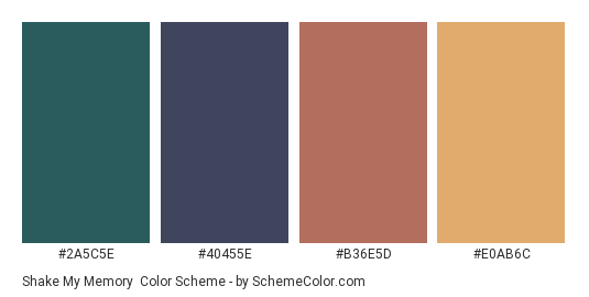 Shake My Memory - Color scheme palette thumbnail - #2A5C5E #40455E #B36E5D #E0AB6C 