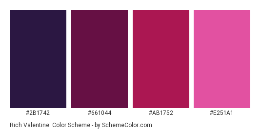 Rich Valentine - Color scheme palette thumbnail - #2B1742 #661044 #AB1752 #E251A1 