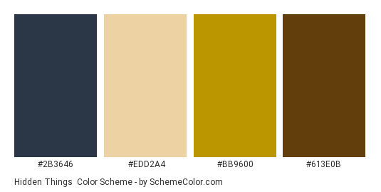 Hidden Things - Color scheme palette thumbnail - #2B3646 #EDD2A4 #BB9600 #613E0B 