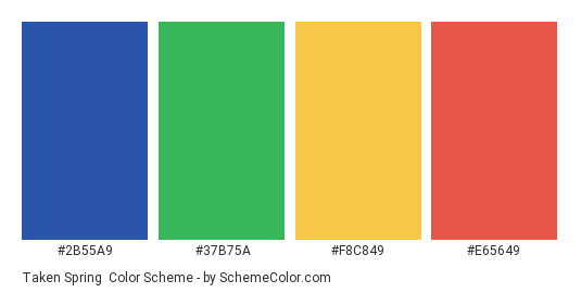 Taken Spring - Color scheme palette thumbnail - #2B55A9 #37B75A #F8C849 #E65649 