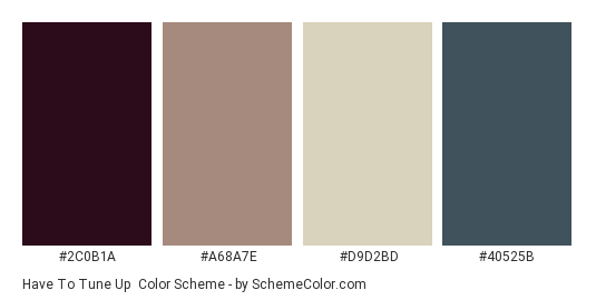 Have to Tune up - Color scheme palette thumbnail - #2C0B1A #A68A7E #D9D2BD #40525B 