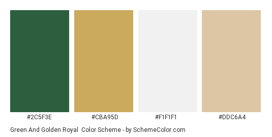 Green and Golden Royal - Color scheme palette thumbnail - #2C5F3E #CBA95D #F1F1F1 #DDC6A4 