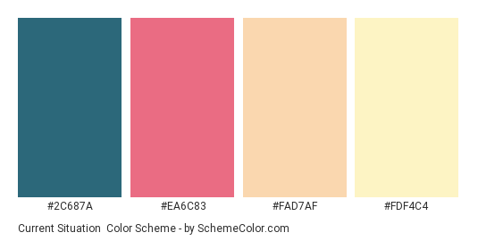 Current Situation - Color scheme palette thumbnail - #2C687A #EA6C83 #FAD7AF #FDF4C4 