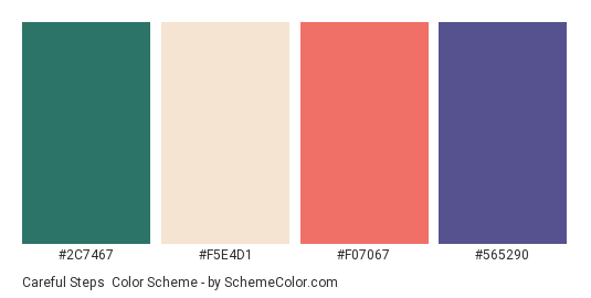 Careful Steps - Color scheme palette thumbnail - #2C7467 #F5E4D1 #F07067 #565290 