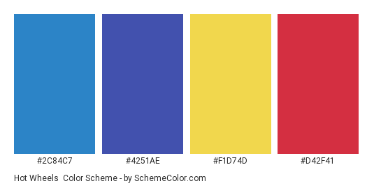 Hot Wheels - Color scheme palette thumbnail - #2C84C7 #4251AE #F1D74D #D42F41 
