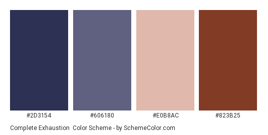 Complete Exhaustion - Color scheme palette thumbnail - #2D3154 #606180 #E0B8AC #823B25 