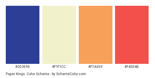 Paper Kings - Color scheme palette thumbnail - #2D3E96 #F1F1CC #F7A059 #F4504B 