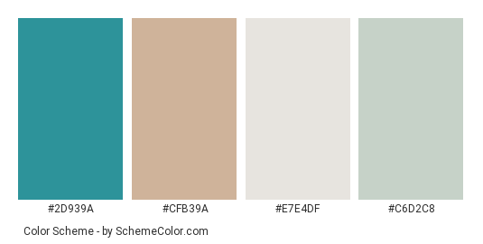 Creepy Crawlers - Color scheme palette thumbnail - #2D939A #CFB39A #E7E4DF #C6D2C8 