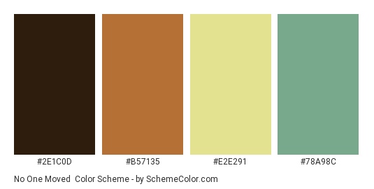 No One Moved - Color scheme palette thumbnail - #2E1C0D #B57135 #E2E291 #78A98C 