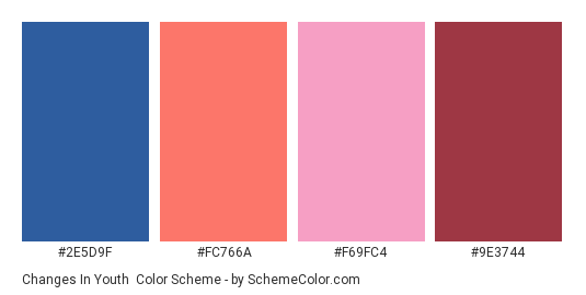 Changes in Youth - Color scheme palette thumbnail - #2E5D9F #FC766A #F69FC4 #9E3744 