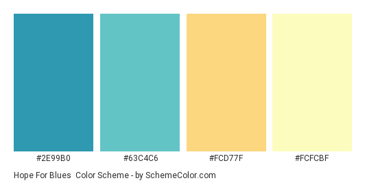 Hope For Blues - Color scheme palette thumbnail - #2E99B0 #63C4C6 #FCD77F #FCFCBF 