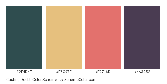 Casting Doubt - Color scheme palette thumbnail - #2F4D4F #E6C07E #E3716D #4A3C52 