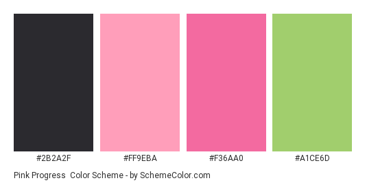 Pink Progress - Color scheme palette thumbnail - #2b2a2f #ff9eba #f36aa0 #a1ce6d 