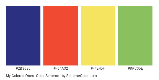 My Colored Ones - Color scheme palette thumbnail - #2b3080 #f04a32 #f4e45f #8ac05e 