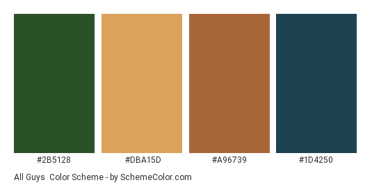 All Guys - Color scheme palette thumbnail - #2b5128 #dba15d #a96739 #1d4250 