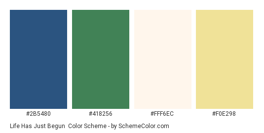 Life Has Just Begun - Color scheme palette thumbnail - #2b5480 #418256 #fff6ec #f0e298 