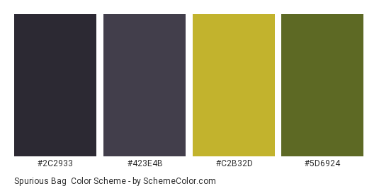 Spurious Bag - Color scheme palette thumbnail - #2c2933 #423e4b #c2b32d #5d6924 