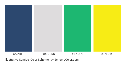 Illustrative Sunrise - Color scheme palette thumbnail - #2c486f #dedcdd #1db771 #f7ec15 