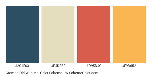 Growing Old With me - Color scheme palette thumbnail - #2c4f63 #e4debf #d95d4c #f9b652 