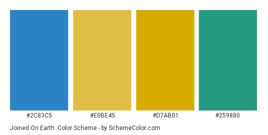 Joined on Earth - Color scheme palette thumbnail - #2c83c5 #e0be45 #d7ab01 #259880 
