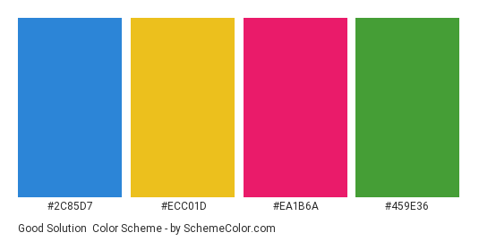 Good Solution - Color scheme palette thumbnail - #2c85d7 #ecc01d #ea1b6a #459e36 