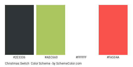 Christmas Switch - Color scheme palette thumbnail - #2e3336 #abc660 #ffffff #fa504a 