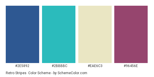 Retro Stripes - Color scheme palette thumbnail - #2e5892 #2bbbbc #eae6c3 #96456e 