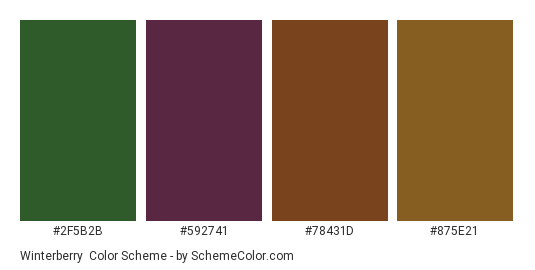 Winterberry - Color scheme palette thumbnail - #2f5b2b #592741 #78431d #875e21 