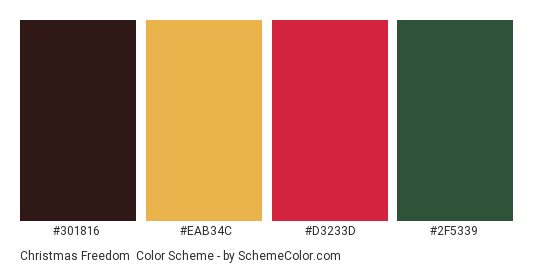 Christmas Freedom - Color scheme palette thumbnail - #301816 #EAB34C #D3233D #2F5339 