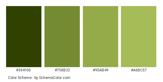 Broccoli Green - Color scheme palette thumbnail - #304100 #758b32 #95ab49 #a6bc57 