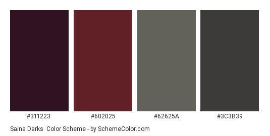 Saina Darks - Color scheme palette thumbnail - #311223 #602025 #62625A #3C3B39 