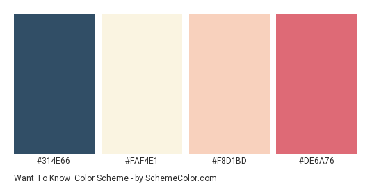 Want to Know - Color scheme palette thumbnail - #314E66 #FAF4E1 #F8D1BD #DE6A76 