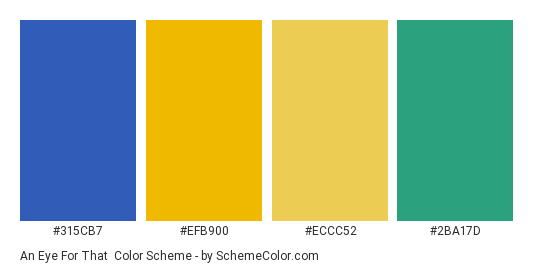 An Eye For That - Color scheme palette thumbnail - #315cb7 #efb900 #eccc52 #2ba17d 