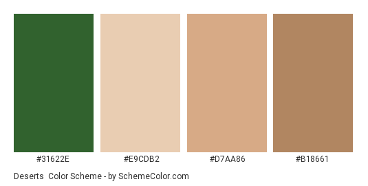 Deserts - Color scheme palette thumbnail - #31622E #E9CDB2 #D7AA86 #B18661 