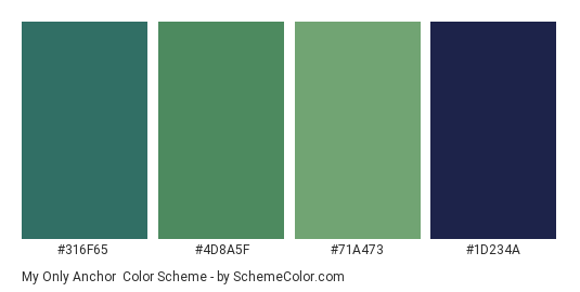My Only Anchor - Color scheme palette thumbnail - #316f65 #4d8a5f #71a473 #1d234a 
