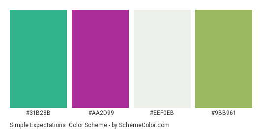 Simple Expectations - Color scheme palette thumbnail - #31b28b #aa2d99 #eef0eb #9bb961 
