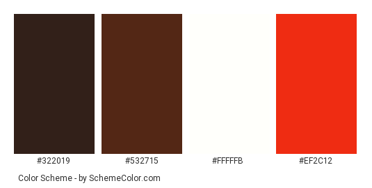 Black Forest Cake - Color scheme palette thumbnail - #322019 #532715 #fffffb #ef2c12 