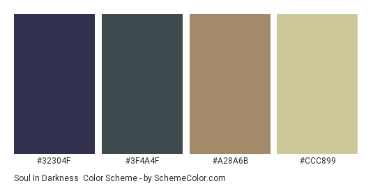 Soul in Darkness - Color scheme palette thumbnail - #32304F #3F4A4F #A28A6B #CCC899 