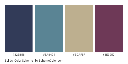 Solids - Color scheme palette thumbnail - #323B58 #5A8494 #BDAF8F #6E3957 