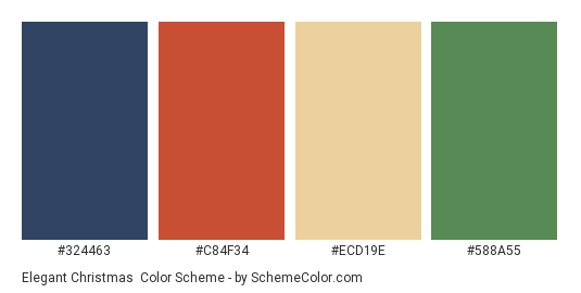 Elegant Christmas - Color scheme palette thumbnail - #324463 #C84F34 #ECD19E #588A55 