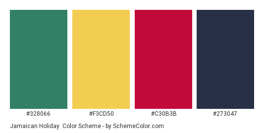 Jamaican Holiday - Color scheme palette thumbnail - #328066 #F3CD50 #C30B3B #273047 