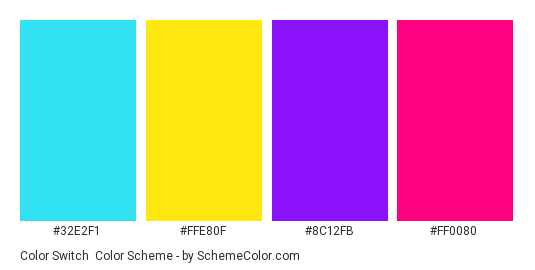 Color Switch - Color scheme palette thumbnail - #32e2f1 #FFE80F #8c12fb #ff0080 