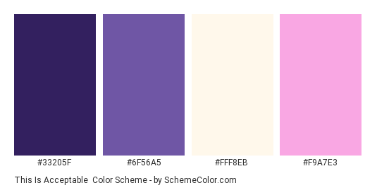 This is Acceptable - Color scheme palette thumbnail - #33205F #6F56A5 #FFF8EB #F9A7E3 