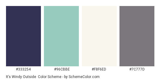 It’s Windy Outside - Color scheme palette thumbnail - #333254 #96CBBE #F8F6ED #7C777D 